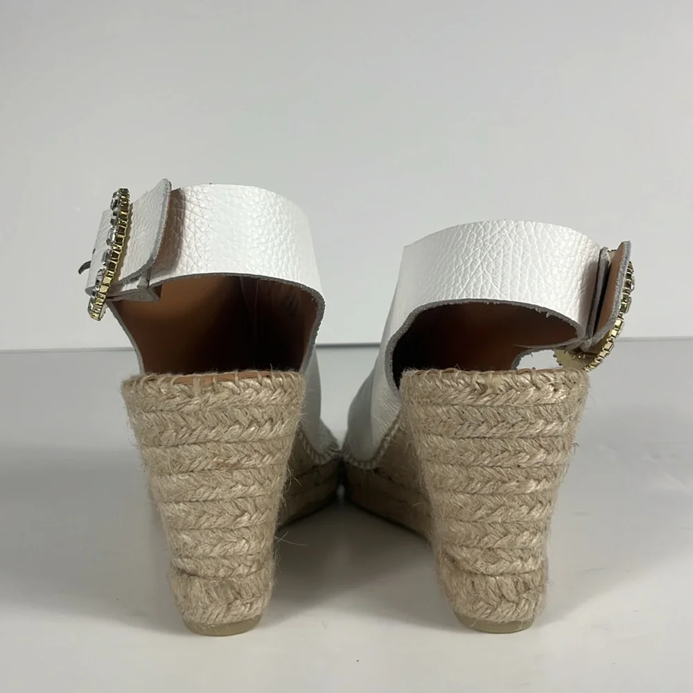 Maypol White Pebbled Leather Peep Toe Espadrille Wedge Rhinestone Buckle SZ 40 - Picture 6 of 10